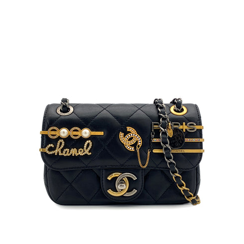 CHANEL MINI MATELASSE COCO CLIPS CHAIN SHOULDER BAG RHINESTONE FAUX PEARL BLACK LAMB SKIN GOLD HARDWARE 90317290