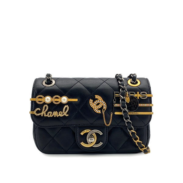 CHANEL MINI MATELASSE COCO CLIPS CHAIN SHOULDER BAG RHINESTONE FAUX PEARL BLACK LAMB SKIN GOLD HARDWARE 90317290