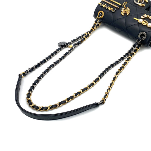 CHANEL MINI MATELASSE COCO CLIPS CHAIN SHOULDER BAG RHINESTONE FAUX PEARL BLACK LAMB SKIN GOLD HARDWARE 90317290