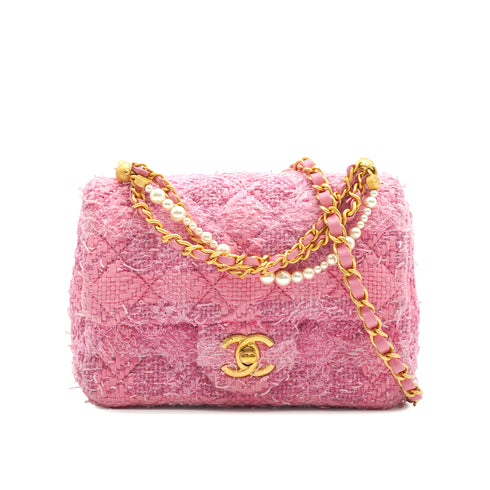 CHANEL MINI MATELASSE FAUX PEARL CHAIN SHOULDER BAG PINK TWEED GOLD HARDWARE 90339652