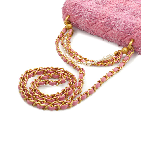 CHANEL MINI MATELASSE FAUX PEARL CHAIN SHOULDER BAG PINK TWEED GOLD HARDWARE 90339652
