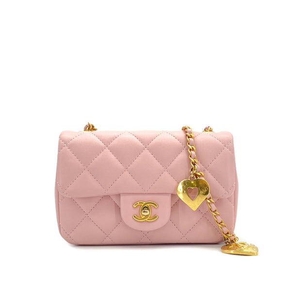 CHANEL MINI MATELASSE HEART CHARM CHAIN SHOULDER BAG PINK LAMB SKIN GOLD HARDWARE 90327292