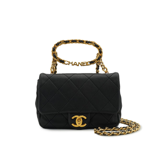 CHANEL ミニマトラッセ ロゴハンドル チェーンショルダーバッグ ブラック レザー ゴールド金具 90332585