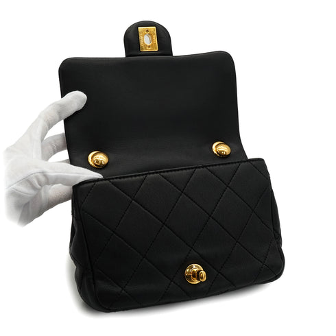 CHANEL MINI MATELASSE LOGO HANDLE CHAIN SHOULDER BAG BLACK LEATHER GOLD HARDWARE 90332585