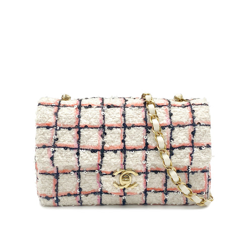 CHANEL MINI MATELASSE TWEED SEQUINS CHAIN SHOULDER BAG WHITE PINK BLACK GOLD HARDWARE 90325331