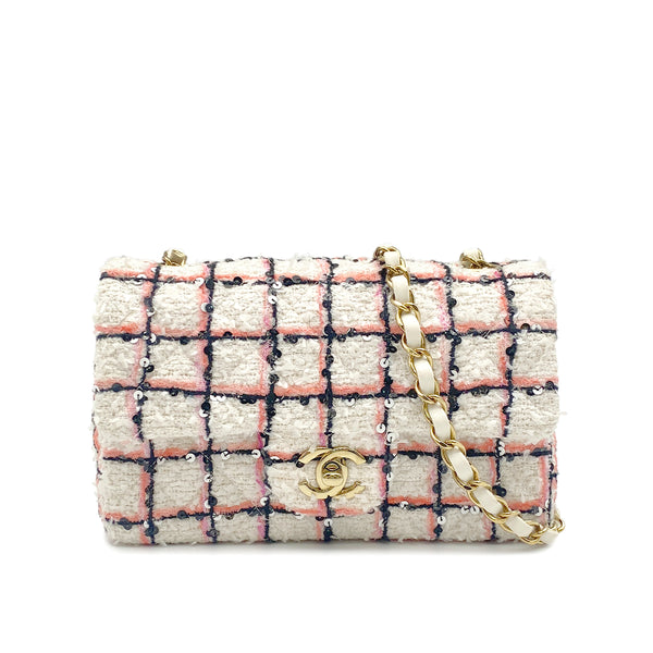 CHANEL MINI MATELASSE TWEED SEQUINS CHAIN SHOULDER BAG WHITE PINK BLACK GOLD HARDWARE 90325331