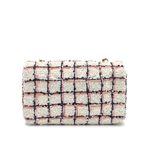 CHANEL MINI MATELASSE TWEED SEQUINS CHAIN SHOULDER BAG WHITE PINK BLACK GOLD HARDWARE 90325331