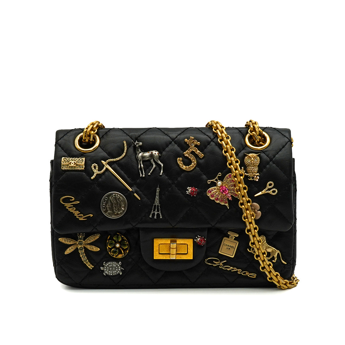 CHANEL MINI MATERASSE 2.55 LUCKY CHARM CHAIN SHOULDER BAG BLACK
