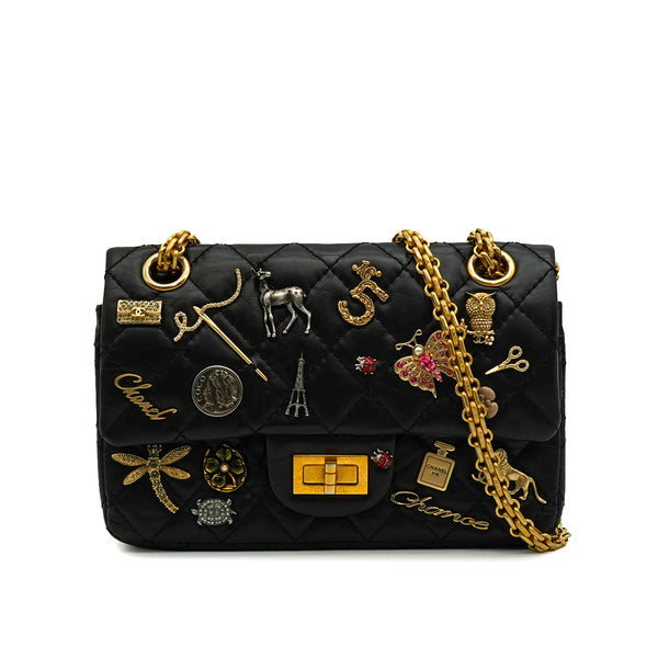 CHANEL MINI MATERASSE 2.55 LUCKY CHARM CHAIN SHOULDER BAG BLACK LEATHER GOLD HARDWARE 90344450