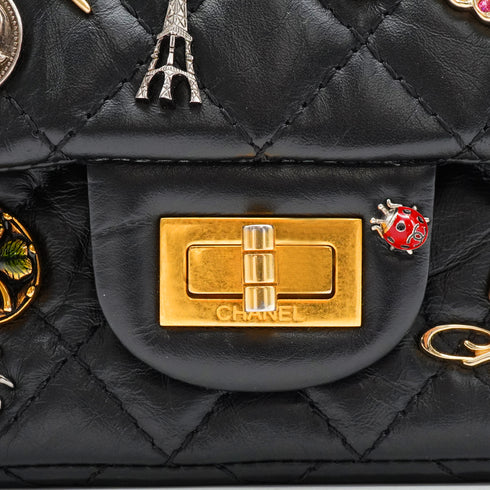CHANEL MINI MATERASSE 2.55 LUCKY CHARM CHAIN SHOULDER BAG BLACK LEATHER GOLD HARDWARE 90344450