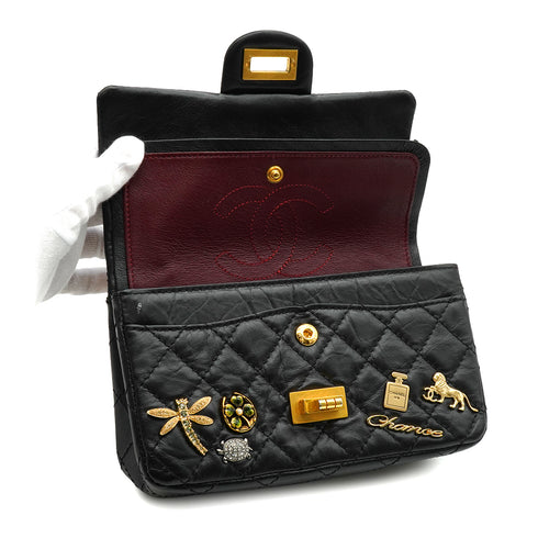 CHANEL MINI MATERASSE 2.55 LUCKY CHARM CHAIN SHOULDER BAG BLACK LEATHER GOLD HARDWARE 90344450