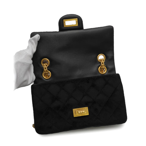 CHANEL MINI MATERASSE 2.55 CHAIN SHOULDER BAG BLACK VELVET GOLD HARDWARE 90348252