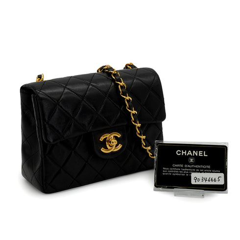 VINTAGE CHANEL MINI SQUARE 17 CHAIN SHOULDER BAG BLACK LAMB SKIN GOLD HARDWARE 90346665