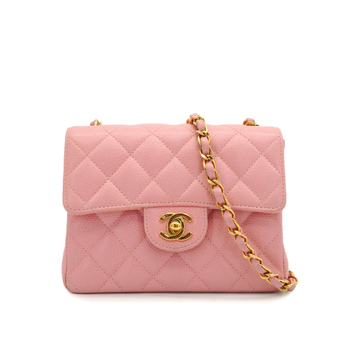 VINTAGE CHANEL MINI SQUARE 17 CHAIN SHOULDER BAG PINK CAVIR SKIN GOLD HARDWARE 90340500