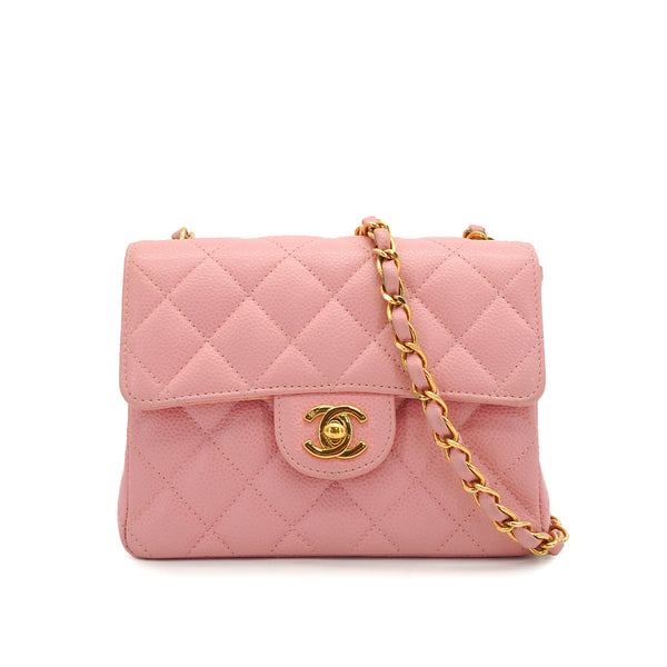 VINTAGE CHANEL MINI SQUARE 17 CHAIN SHOULDER BAG PINK CAVIR SKIN GOLD HARDWARE 90340500