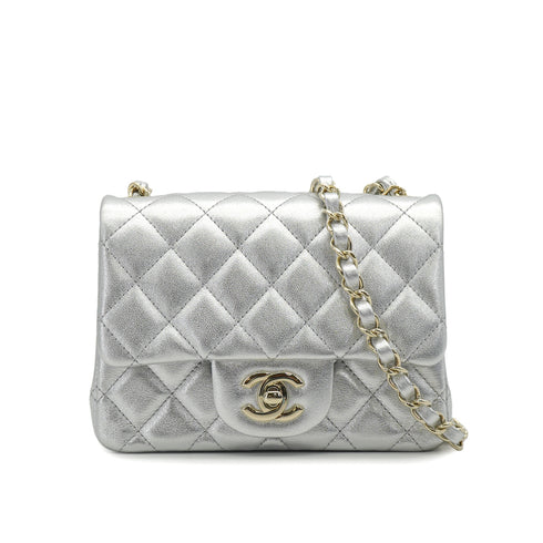 CHANEL MINI SQUARE 17 CHAIN SHOULDER BAG SILVER LAMB SKIN GOLD HARDWARE 90333739