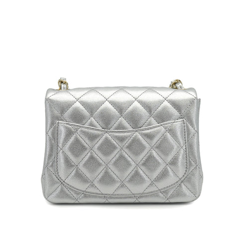 CHANEL MINI SQUARE 17 CHAIN SHOULDER BAG SILVER LAMB SKIN GOLD HARDWARE 90333739