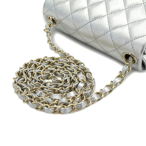 CHANEL MINI SQUARE 17 CHAIN SHOULDER BAG SILVER LAMB SKIN GOLD HARDWARE 90333739