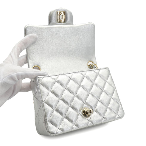 CHANEL MINI SQUARE 17 CHAIN SHOULDER BAG SILVER LAMB SKIN GOLD HARDWARE 90333739