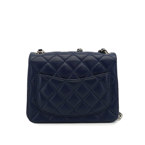CHANEL MINI SQUARE 17 CHAIN SHOULDER BAG NAVY LAMB SKIN SILVER HARDWARE 90343974