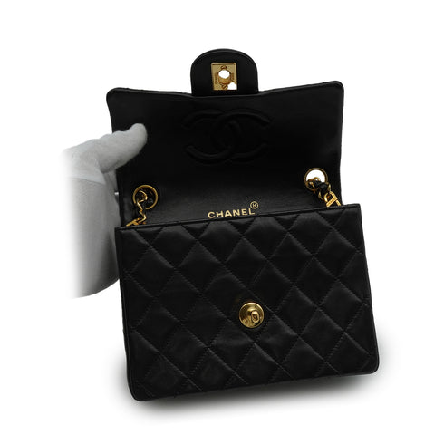 VINTAGE CHANEL MINI SQUARE 17 CHAIN SHUOLDER BAG BLACK LAMB SKIN GOLD HARDWARE 90350365