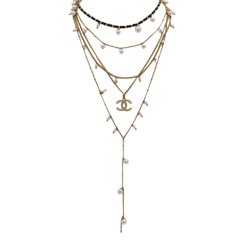 CHANEL NECKLACE COCOMARK FAUX PEARL RHINESTONE CHAIN WHITE GOLD ACCESSORY A18B 90321033