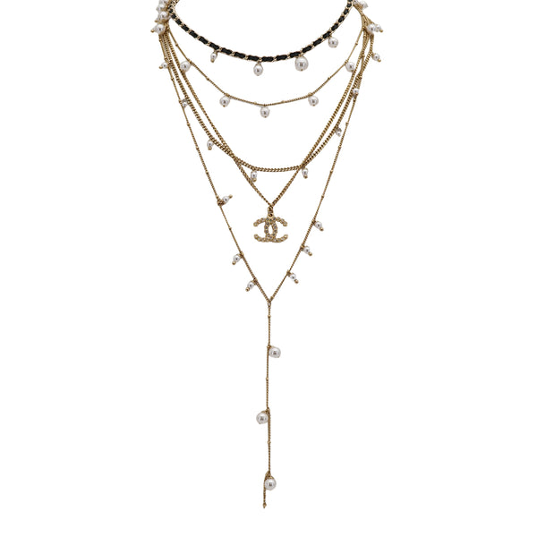 CHANEL NECKLACE COCOMARK FAUX PEARL RHINESTONE CHAIN WHITE GOLD ACCESSORY A18B 90321033