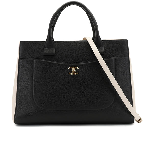 CHANEL NEO EXECUTIVE TOTE SHOULDER BAG BLACK BEIGE LEATHER GOLD HARDWARE 90325809
