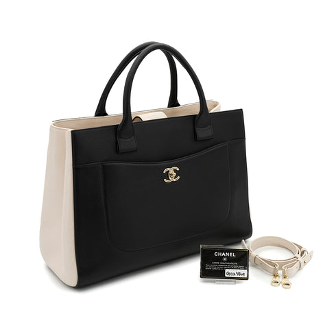 CHANEL NEO EXECUTIVE TOTE SHOULDER BAG BLACK BEIGE LEATHER GOLD HARDWARE 90325809