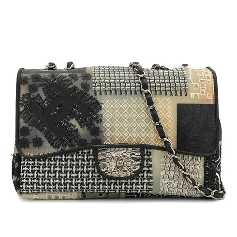 CHANEL JUMBO PATCHWORK COCOMARK FLOWER CHAIN SHOULDER BAG BLACK WHITE PVC TWEED SILVER HARDWARE 90341912