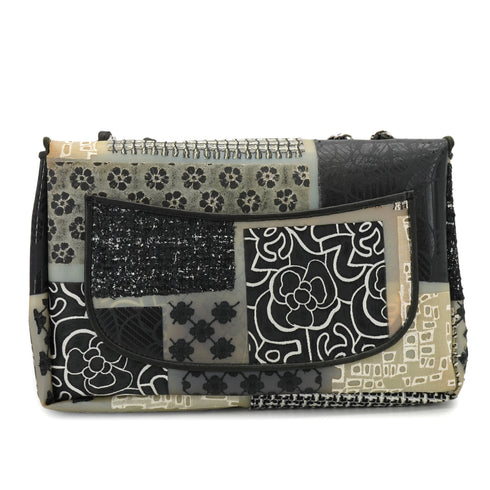 CHANEL JUMBO PATCHWORK COCOMARK FLOWER CHAIN SHOULDER BAG BLACK WHITE PVC TWEED SILVER HARDWARE 90341912