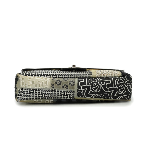 CHANEL JUMBO PATCHWORK COCOMARK FLOWER CHAIN SHOULDER BAG BLACK WHITE PVC TWEED SILVER HARDWARE 90341912
