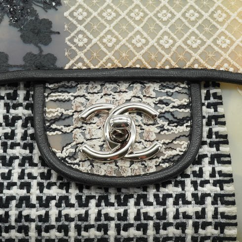 CHANEL JUMBO PATCHWORK COCOMARK FLOWER CHAIN SHOULDER BAG BLACK WHITE PVC TWEED SILVER HARDWARE 90341912