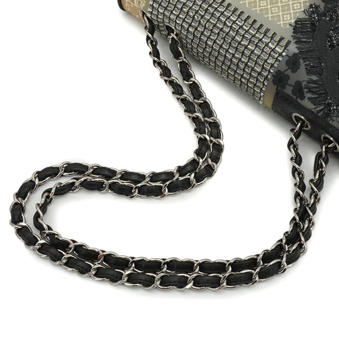 CHANEL JUMBO PATCHWORK COCOMARK FLOWER CHAIN SHOULDER BAG BLACK WHITE PVC TWEED SILVER HARDWARE 90341912