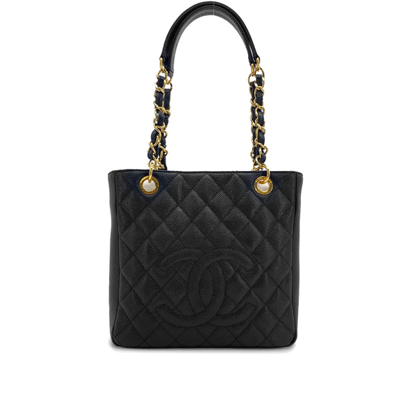 CHANEL PST CHAIN TOTE BAG BLACK CAVIAR SKIN GOLD HARDWARE 90327069
