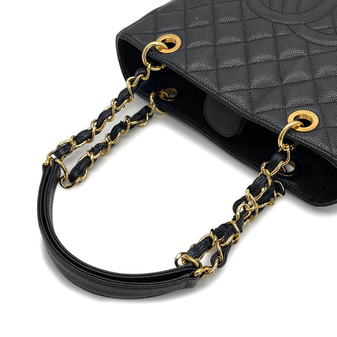 CHANEL PST CHAIN TOTE BAG BLACK CAVIAR SKIN GOLD HARDWARE 90327069