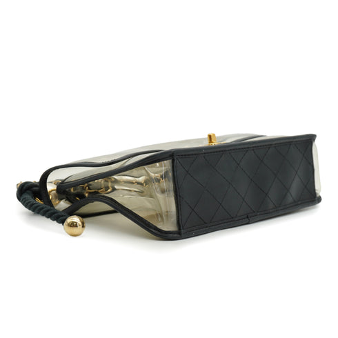 CHANEL SAND BY THE SEA FAUX PEARL HAND CHAIN SHOULDER BAG BALCK CLEAR VINYL SAND LAMB SKIN GOLD HARDWARE 90340473