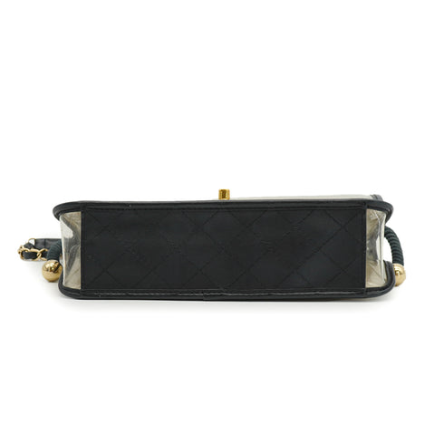 CHANEL SAND BY THE SEA FAUX PEARL HAND CHAIN SHOULDER BAG BALCK CLEAR VINYL SAND LAMB SKIN GOLD HARDWARE 90340473