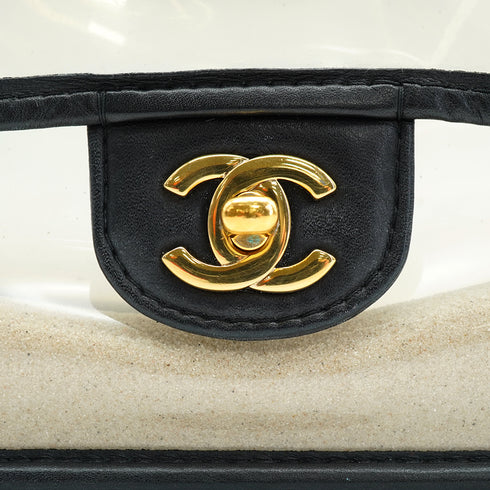 CHANEL SAND BY THE SEA FAUX PEARL HAND CHAIN SHOULDER BAG BALCK CLEAR VINYL SAND LAMB SKIN GOLD HARDWARE 90340473
