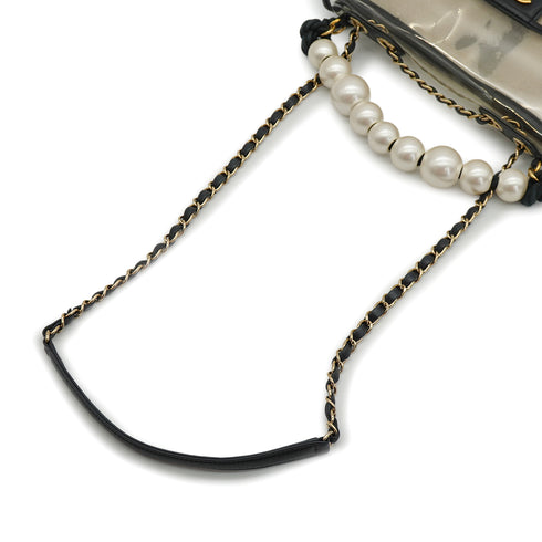CHANEL SAND BY THE SEA FAUX PEARL HAND CHAIN SHOULDER BAG BALCK CLEAR VINYL SAND LAMB SKIN GOLD HARDWARE 90340473