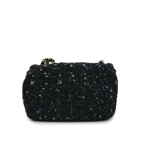 CHANEL SEQUINS 2WAY CHAIN SHOULDER BAG NAVY BLACK TWEED GOLD HARDWARE 90317004