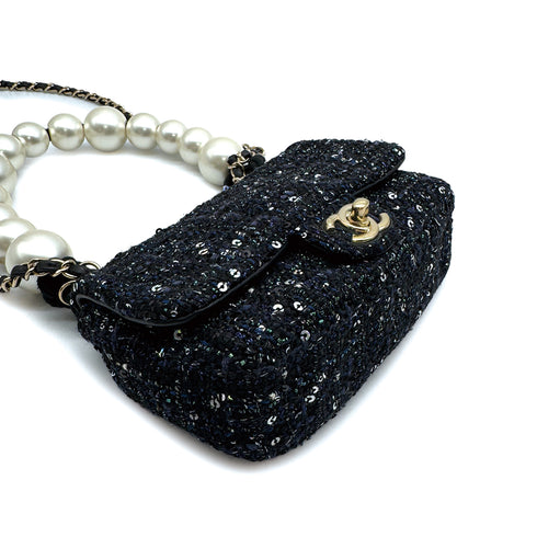 CHANEL SEQUINS 2WAY CHAIN SHOULDER BAG NAVY BLACK TWEED GOLD HARDWARE 90317004