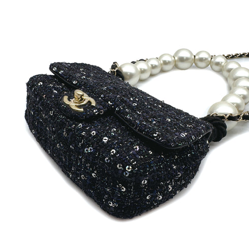 CHANEL SEQUINS 2WAY CHAIN SHOULDER BAG NAVY BLACK TWEED GOLD HARDWARE 90317004