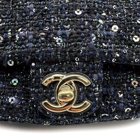 CHANEL SEQUINS 2WAY CHAIN SHOULDER BAG NAVY BLACK TWEED GOLD HARDWARE 90317004