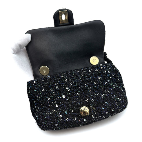 CHANEL SEQUINS 2WAY CHAIN SHOULDER BAG NAVY BLACK TWEED GOLD HARDWARE 90317004