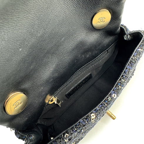 CHANEL SEQUINS 2WAY CHAIN SHOULDER BAG NAVY BLACK TWEED GOLD HARDWARE 90317004