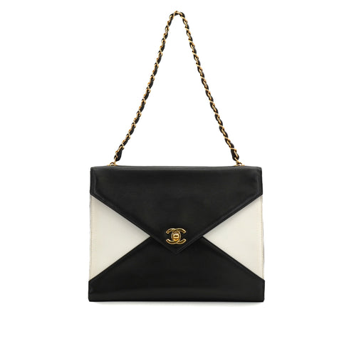 VINTAGE CHANEL CHAIN SHOULDER BAG BLACK WHITE LAMB SKIN GOLD HARDWARE 90333181