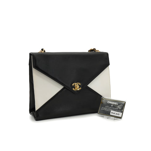 VINTAGE CHANEL CHAIN SHOULDER BAG BLACK WHITE LAMB SKIN GOLD HARDWARE 90333181