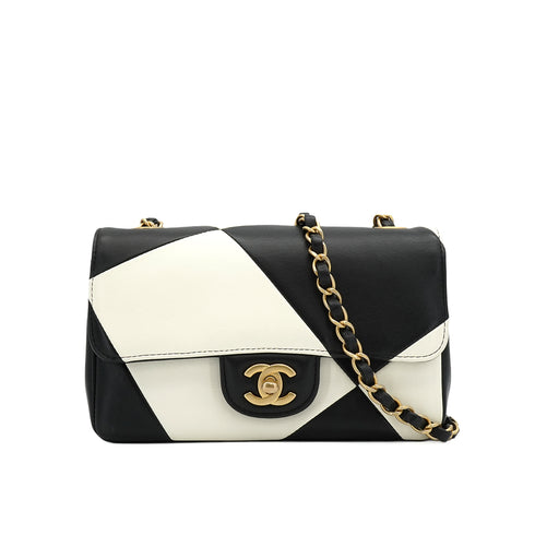 CHANEL TURNLOCK SHOULDER BAG BLACK WHITE LAMB SKIN GOLD HARDWARE 90343617