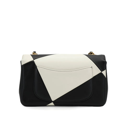 CHANEL TURNLOCK SHOULDER BAG BLACK WHITE LAMB SKIN GOLD HARDWARE 90343617